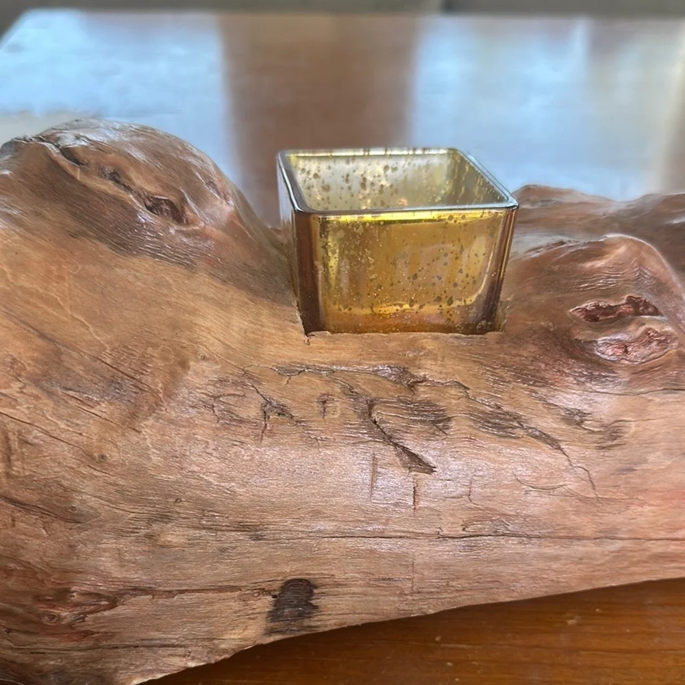 Rustic Driftwood Wood Candle Holder with Gold Glass Votive Cups, Nature Decor